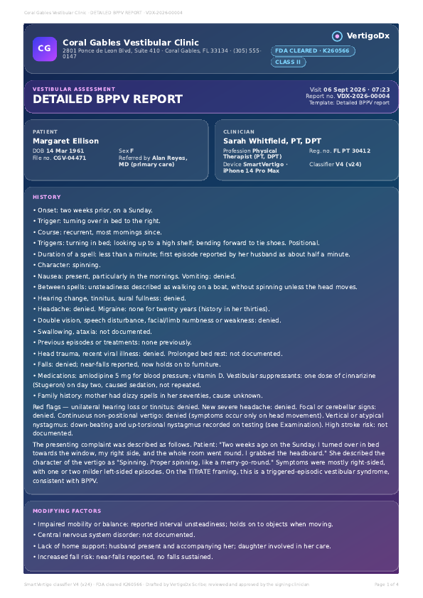 Detailed BPPV report, first page