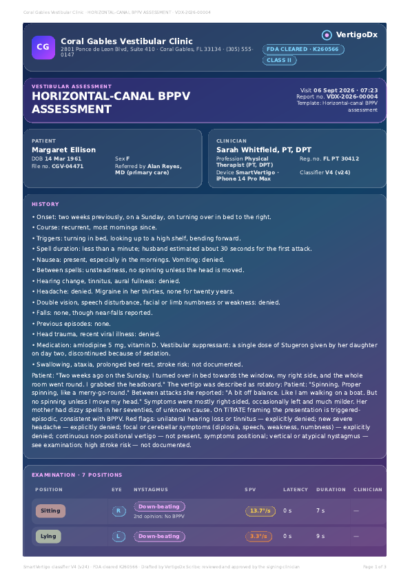 Horizontal-canal BPPV assessment, first page