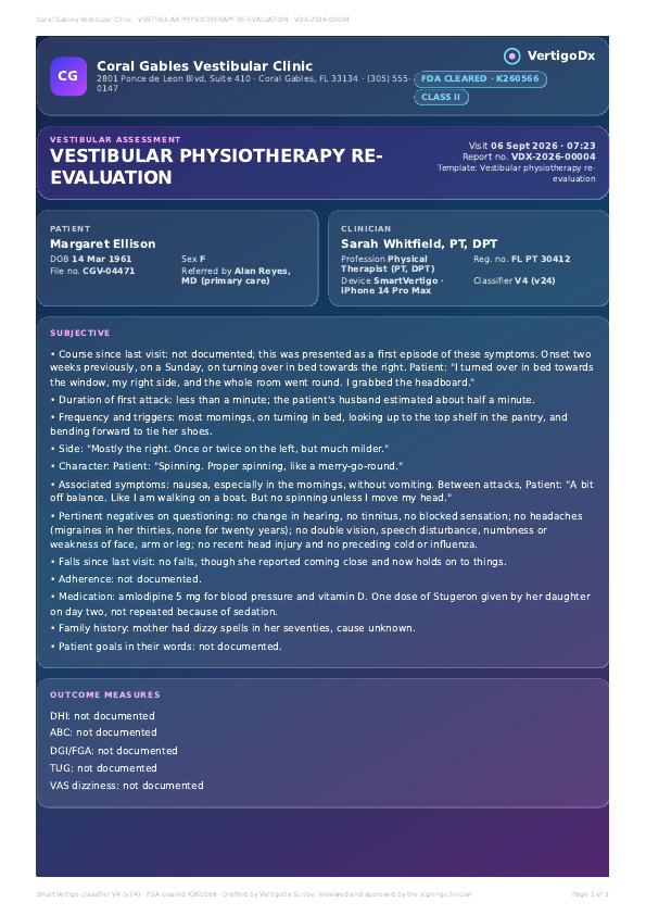 Vestibular physiotherapy re-evaluation, first page