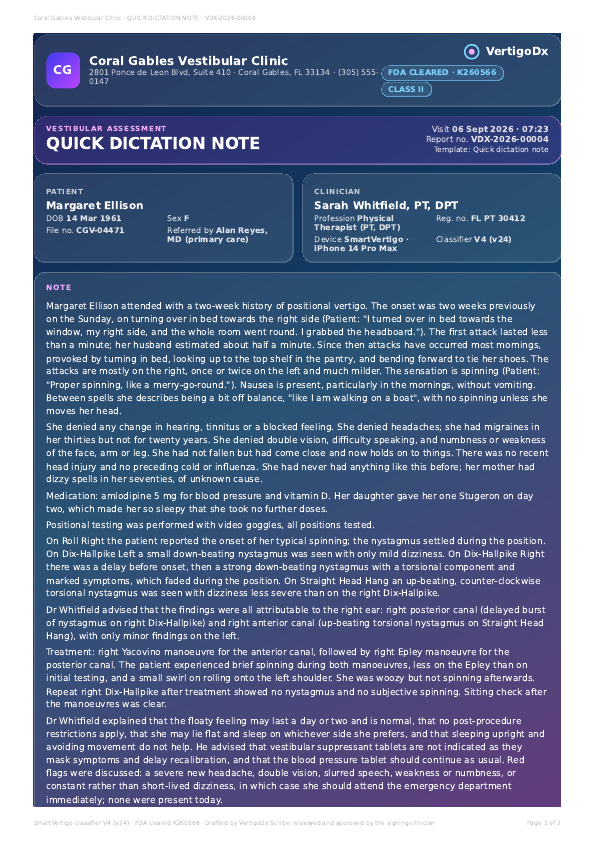 Quick dictation note, first page
