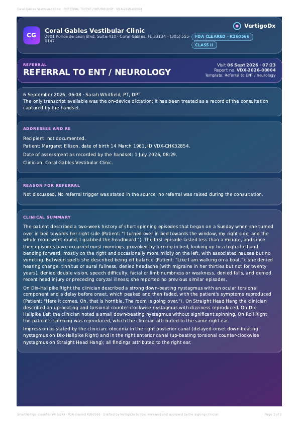 Referral to ENT / neurology, first page